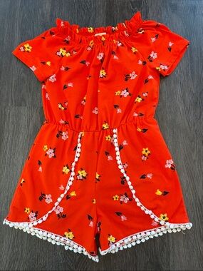Shosho (6X) Girls' Orange Floral Pom-Trim Romper